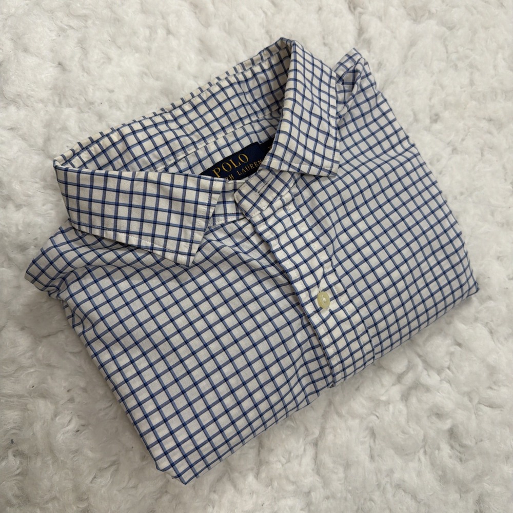 POLO RALPH‎ LAUREN Long Sleeve Button Shirt Men XL Blue White Checked Windowpane